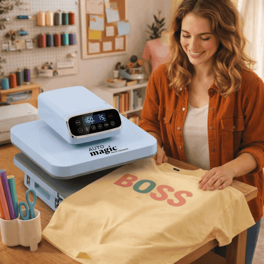 Créatrice souriante personnalisant un T-shirt « BOSS » avec la presse à chaud AutoMagic dans son atelier
