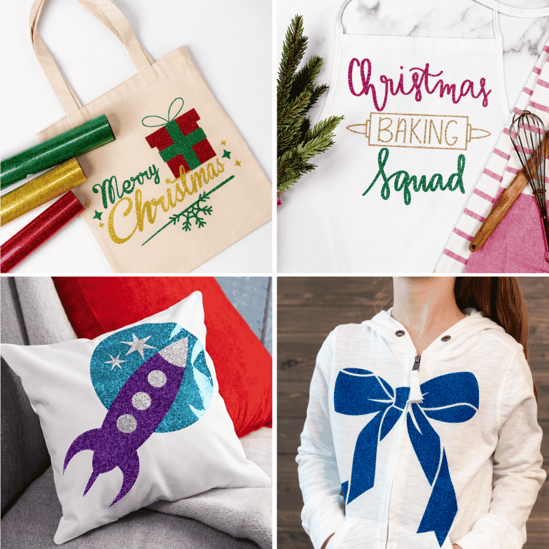 Créations en flex pailleté : tote bag Merry Christmas, tablier, coussin fusée et sweat à nœud bleu