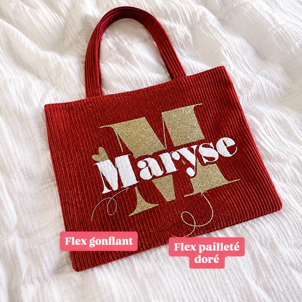 Tote bag rouge en velours côtelé personnalisé « Maryse » en flex gonflant blanc et flex pailleté doré