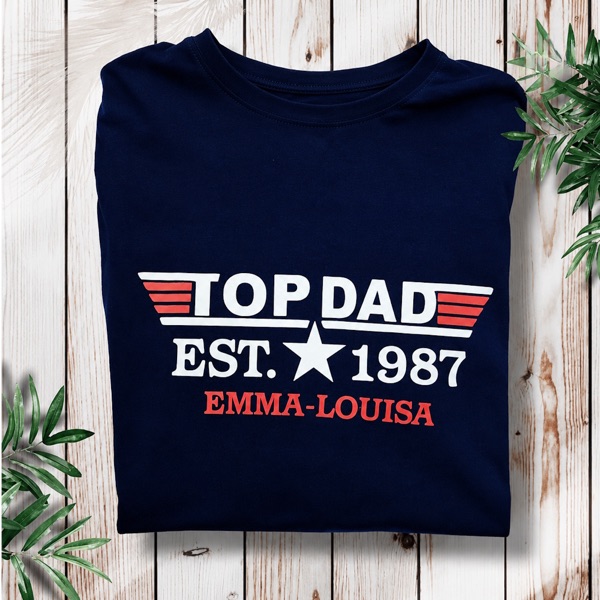 T-shirt bleu marine « Top Dad est. 1987 Emma-Louisa » en flex blanc et rouge