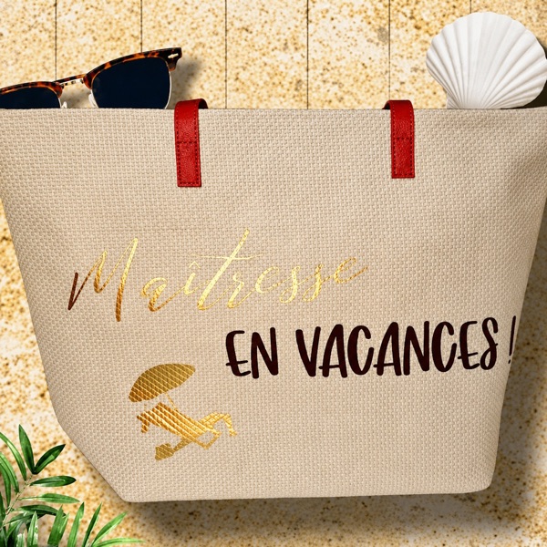 Cabas de plage « Maîtresse en vacances ! » personnalisé en flex doré et flex marron