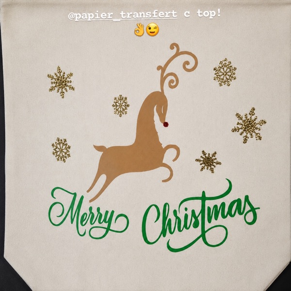 Sac en toile « Merry Christmas » avec renne en flex doré, flocons pailletés et lettrage vert