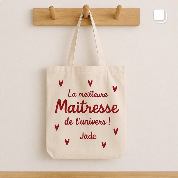 Tote bag « La meilleure maîtresse de l’univers ! Jade » en flex rouge avec petits cœurs