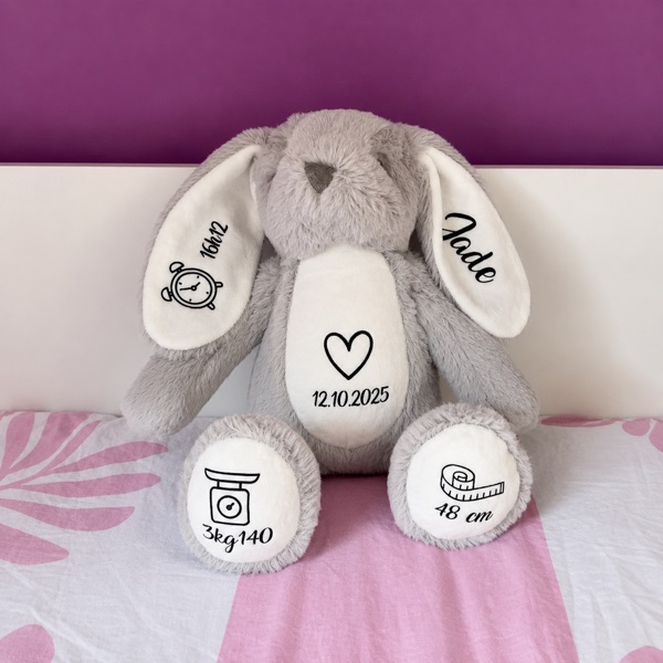 Peluche lapin de naissance en flex noir : prénom Jade, date, heure, poids et taille
