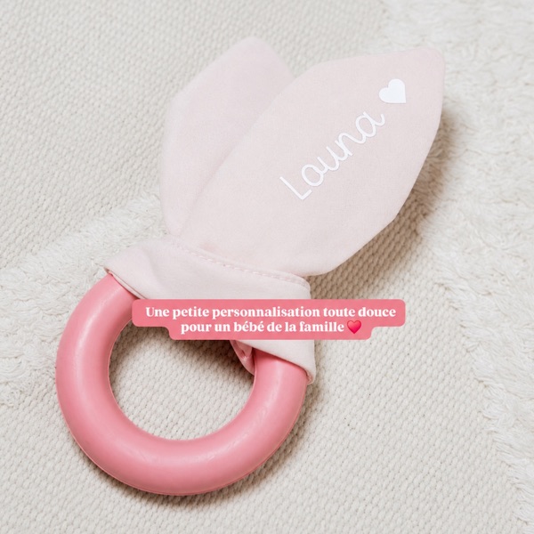 Anneau de dentition à oreilles de lapin roses personnalisé « Louna » en flex blanc