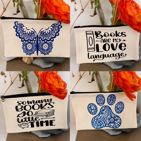 Trousses en toile en flex bleu et noir : papillon, patte mandala, « Books are my love language »
